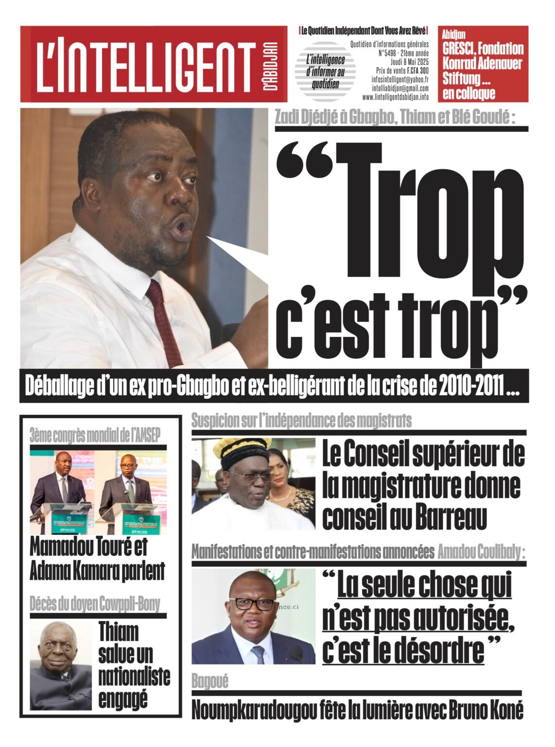 L’Intelligent en PDF:  Zadi Djédjé à Gbagbo, Thiam et Blé Goudé : ” Trop c’est trop “