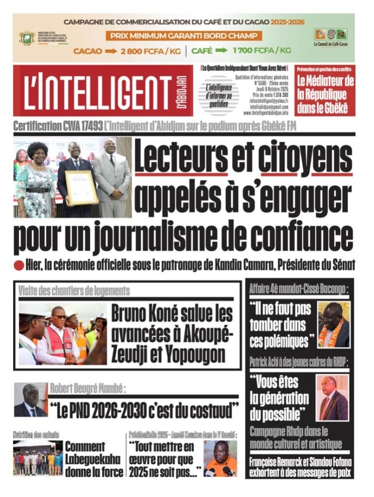 L’Intelligent en PDF:   Certification CWA 17493-L’Intelligent d’Abidjan sur le podium après Gbêkê FM  Lecteurs et citoyens appelés à s’engager pour un journalisme de confiance