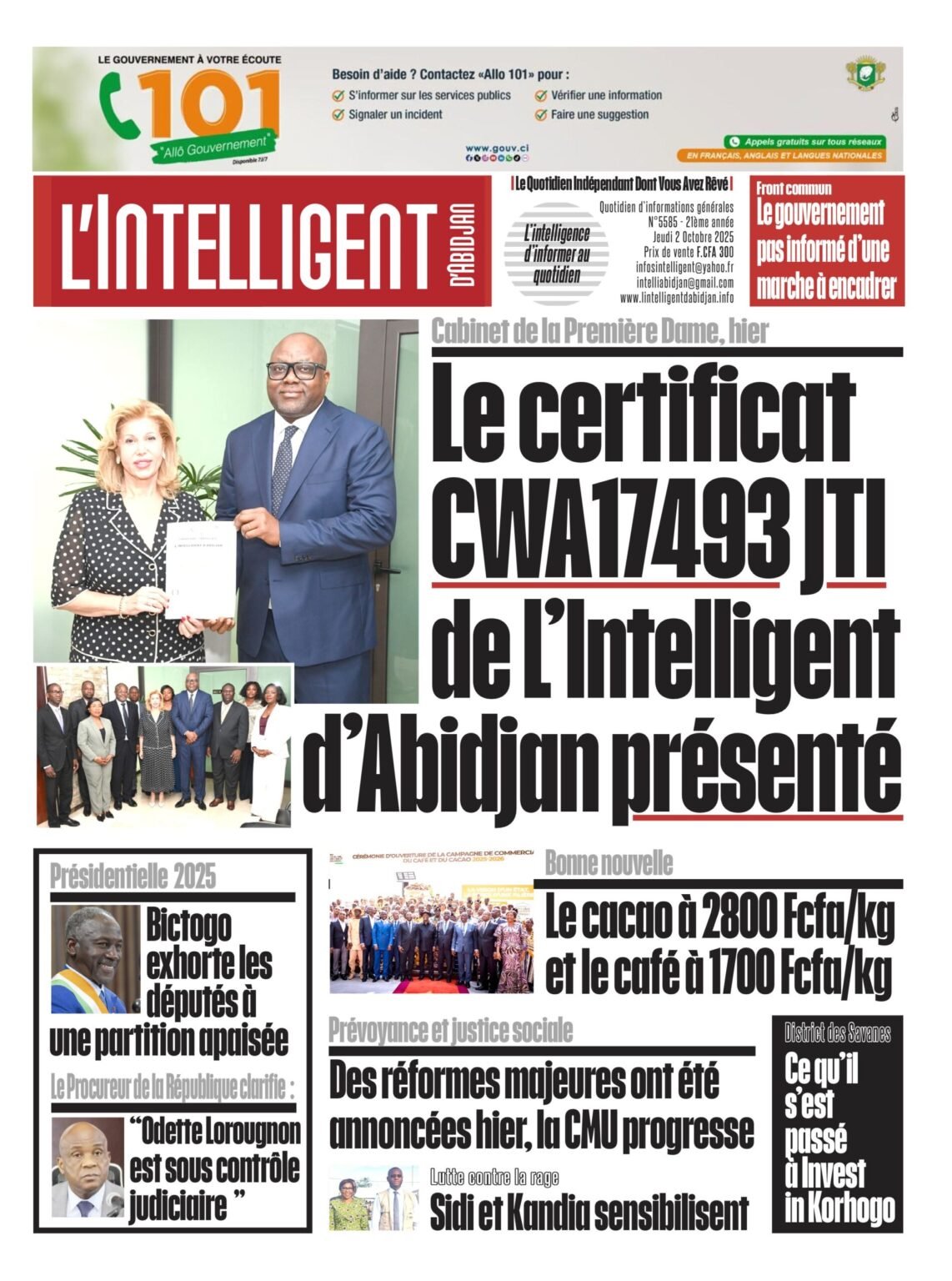 L’Intelligent en PDF:  Obtention du certificat CWA17493 version 2019 du Journalism Truth Initiative       L’intelligent d’Abidjan reçoit les encouragements de la Première Dame