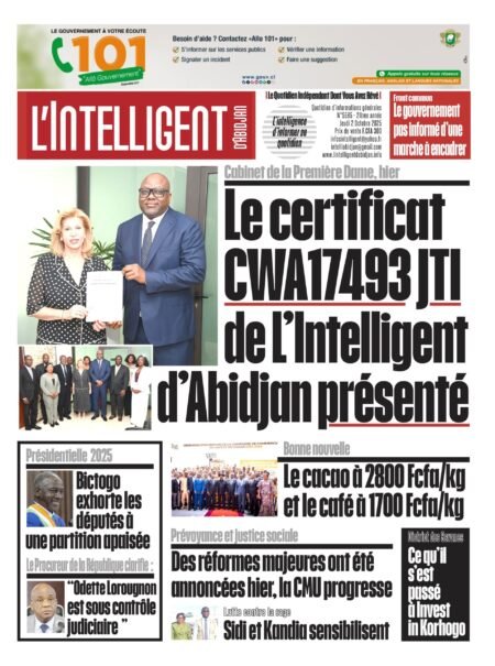 L’Intelligent en PDF:  Obtention du certificat CWA17493 version 2019 du Journalism Truth Initiative       L’intelligent d’Abidjan reçoit les encouragements de la Première Dame