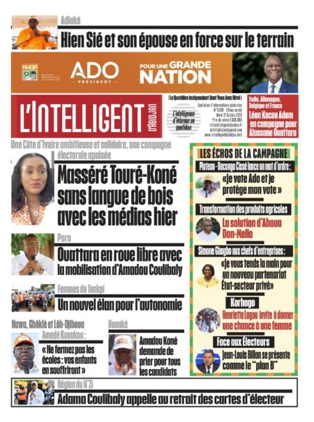 L’Intelligent en PDF  –  Une Côte d’Ivoire ambitieuse et solidaire, une campagne électorale apaisée   Masséré Touré-Koné sans langue de bois avec les médias hier