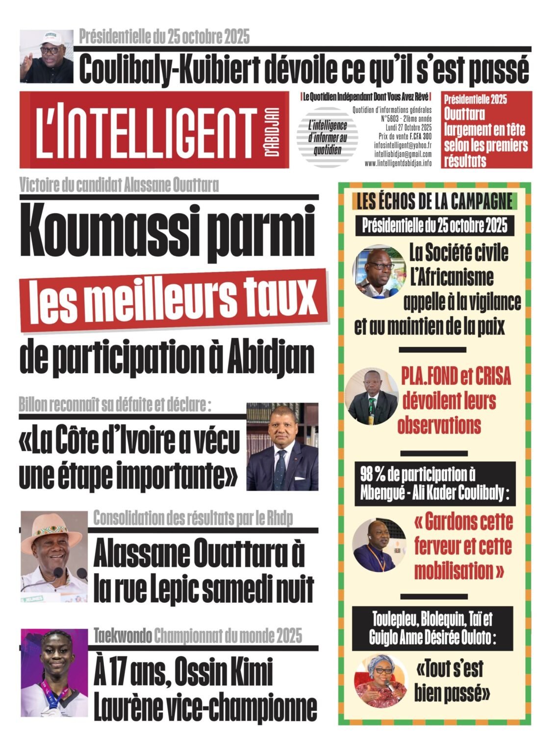 L’Intelligent en PDF:   Victoire du candidat Alassane Ouattara  Koumassi parmi les meilleurs  taux de participation à Abidjan