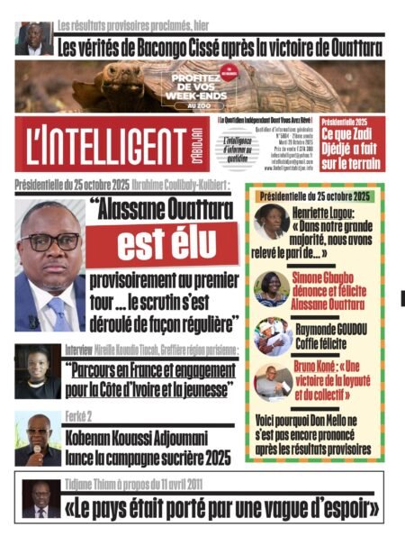 L’Intelligent en PDF:      Présidentielle du 25 octobre 2025 – Ibrahime Coulibaly-Kuibiert :    “Alassane Ouattara est élu  provisoirement au premier tour … le scrutin s’est déroulé de façon régulière”