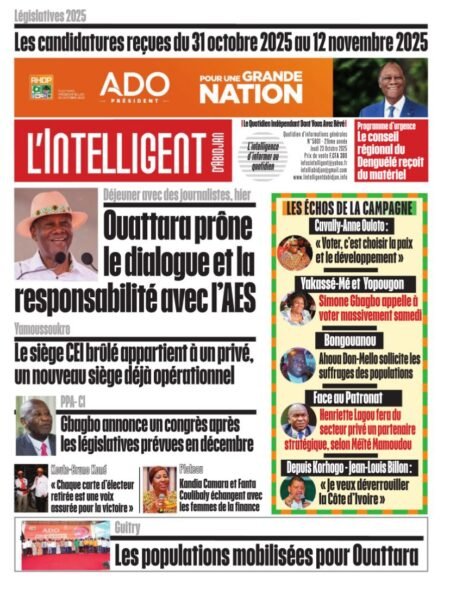 L’Intelligent en PDF           Déjeuner avec des journalistes, hier           Ouattara prône le dialogue      et la responsabilité      avec l’AES