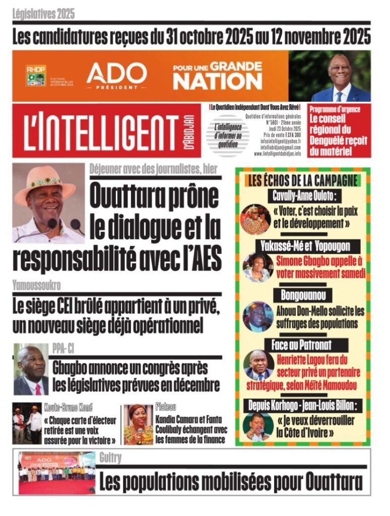 L’Intelligent en PDF           Déjeuner avec des journalistes, hier           Ouattara prône le dialogue      et la responsabilité      avec l’AES